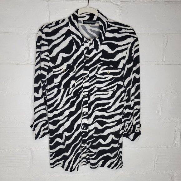 Karl Lagerfeld Tops - Karl Lagerfeld Women's Medium Button Front Shirt Black White Animal Print